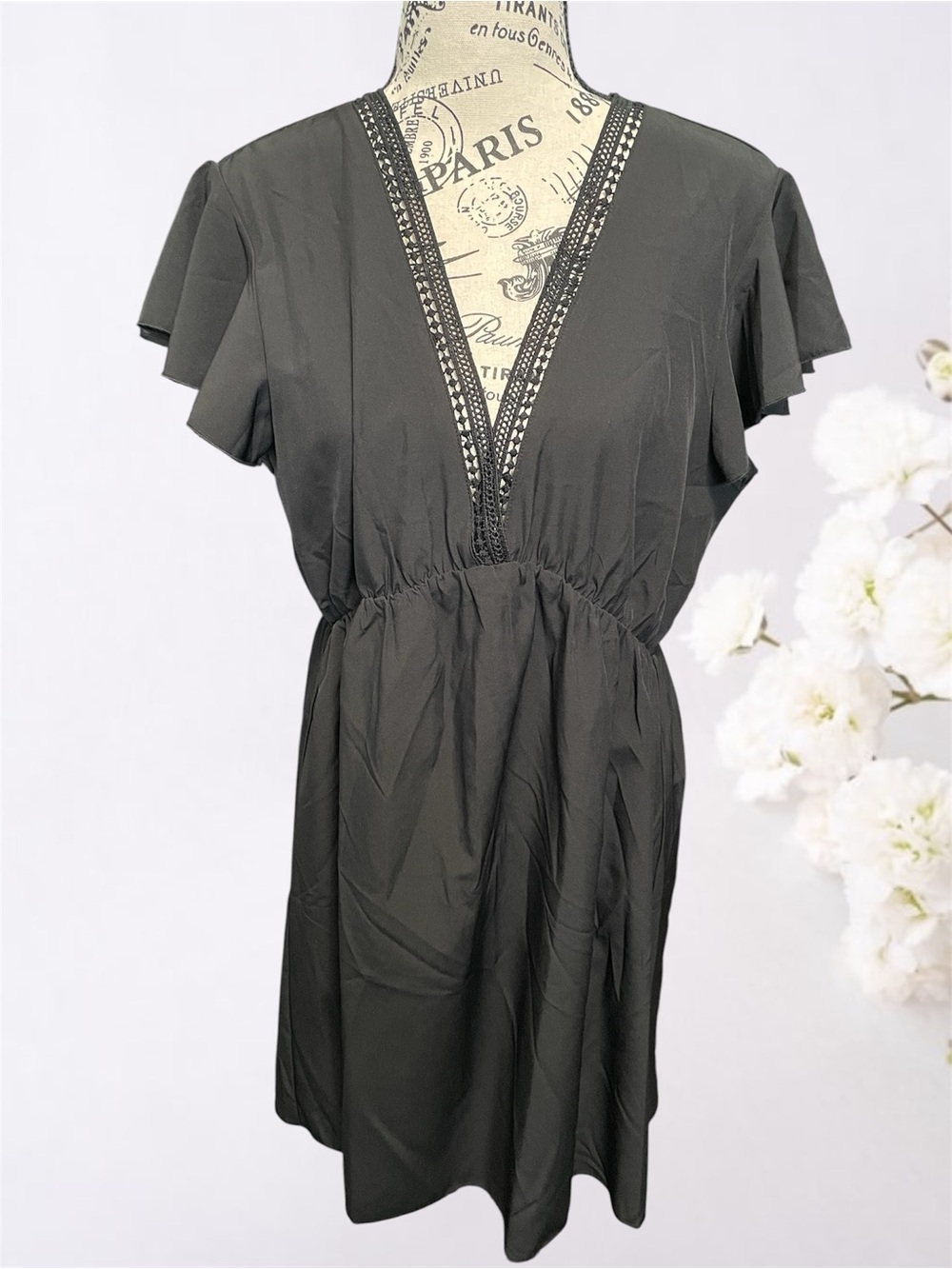 Black V-Neck Flutter Sleeve Mini Dress